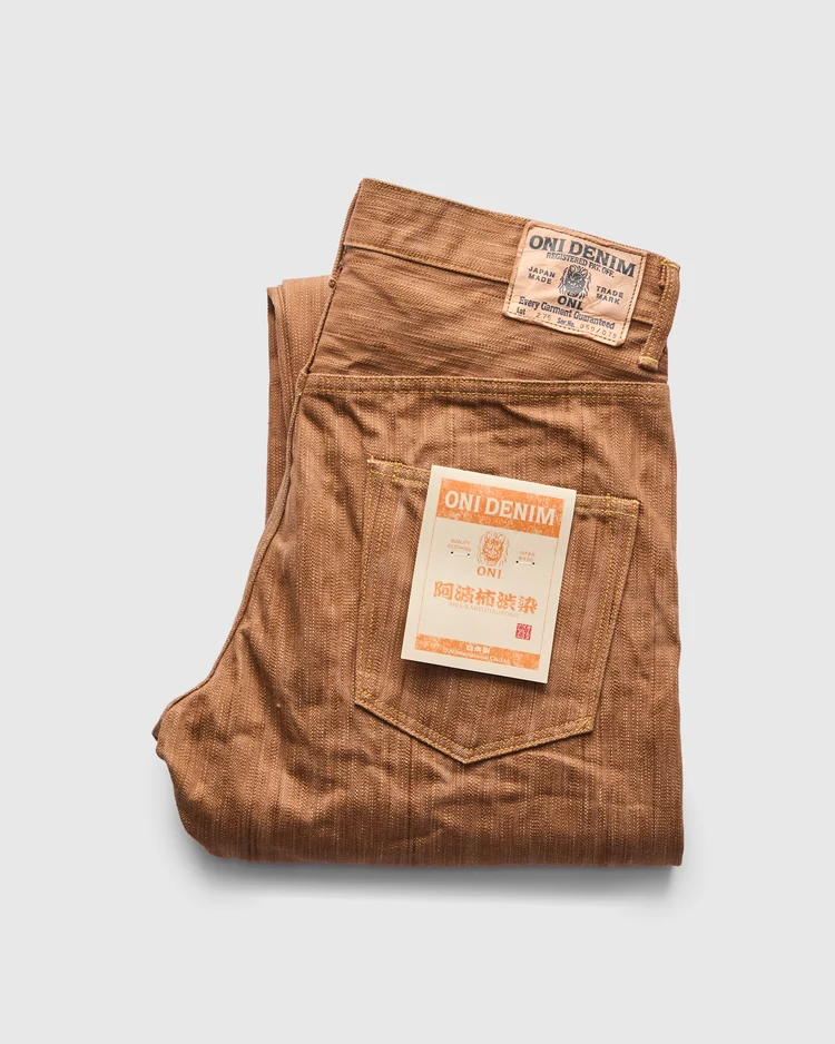 ONI Denim's 275-AWA Awa-Kakishibu x Kinari selvedge denim in regular straight fit