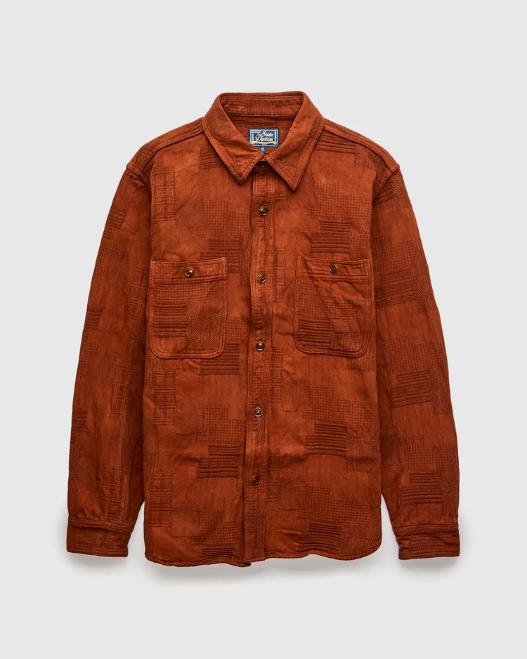 Studio D'Artisan's Amami Dorozome Boro Workshirt in a deep amber brown
