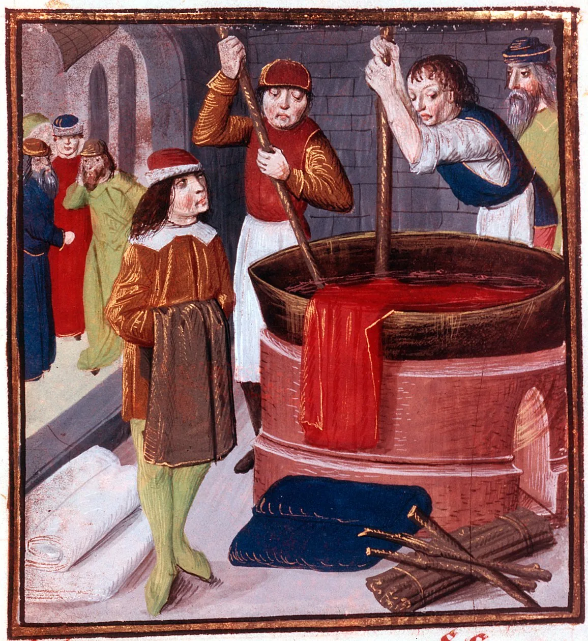 Fifteenth-century manuscript illumination showing dyers working a red vat