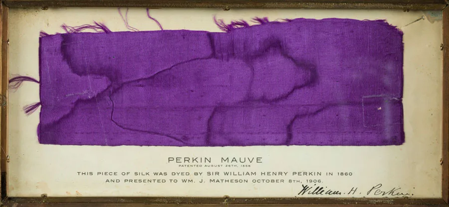One of the few surviving fabric swatches dyed with Perkin's original mauveine