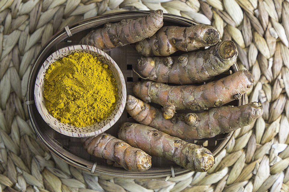 Fresh turmeric root and a bowl of ground turmeric powder