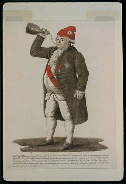 Tinted etching of Louis XVI wearing a Phrygian red cap, 1792