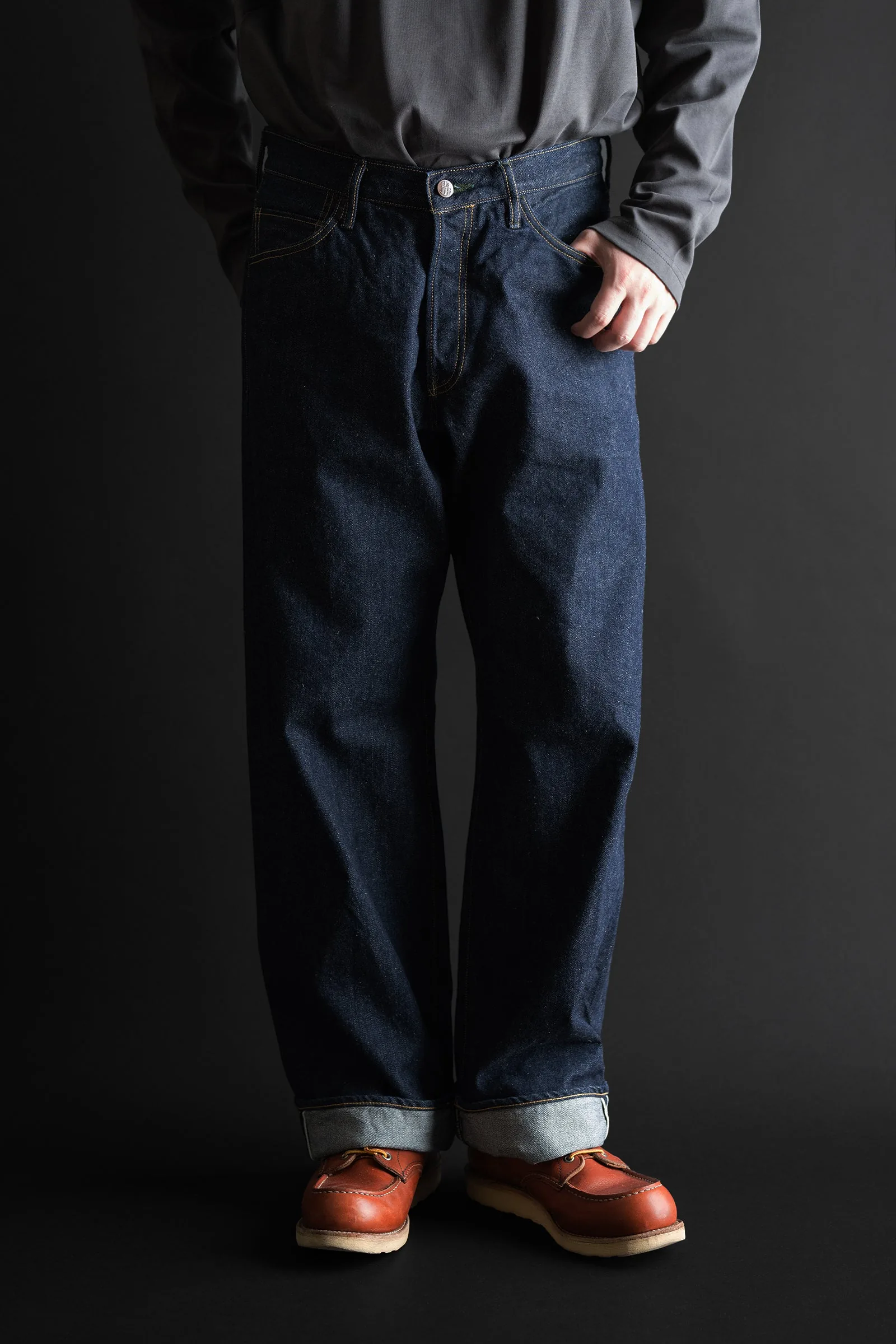 Big John M1011RC Yoshidenim Green Label jeans with a relaxed straight-leg fit in dark indigo denim.
