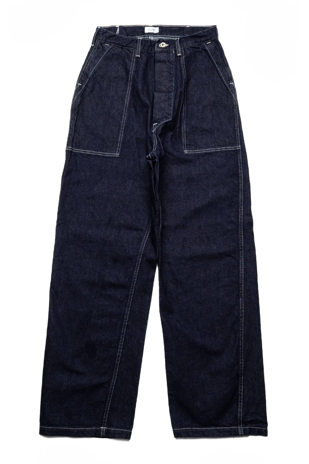 CIOTA Denim Baker Pants in dark indigo loomstate denim with a wide straight-leg fit and large patch pockets.