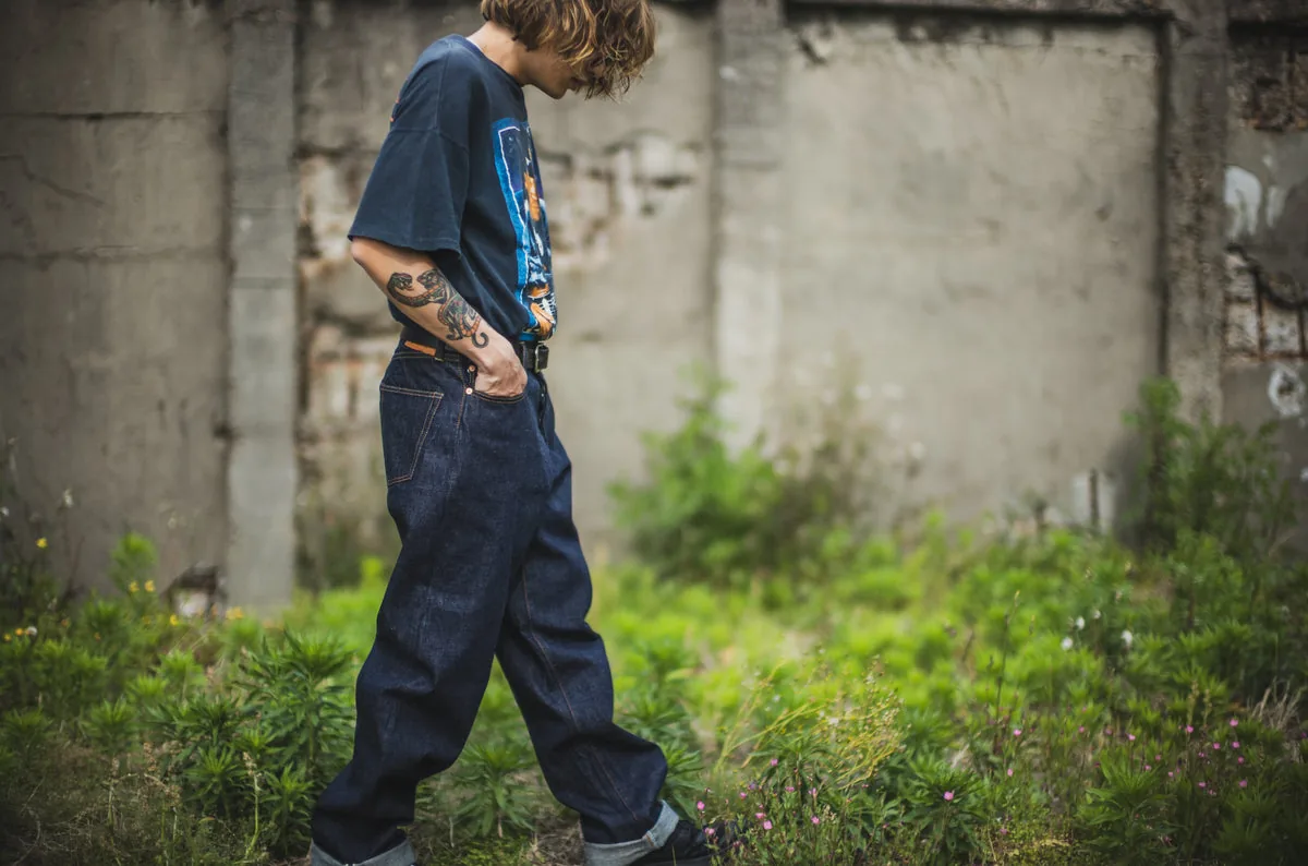 TCB Baggy 50's jeans in raw indigo denim with a roomy thigh and slight taper.