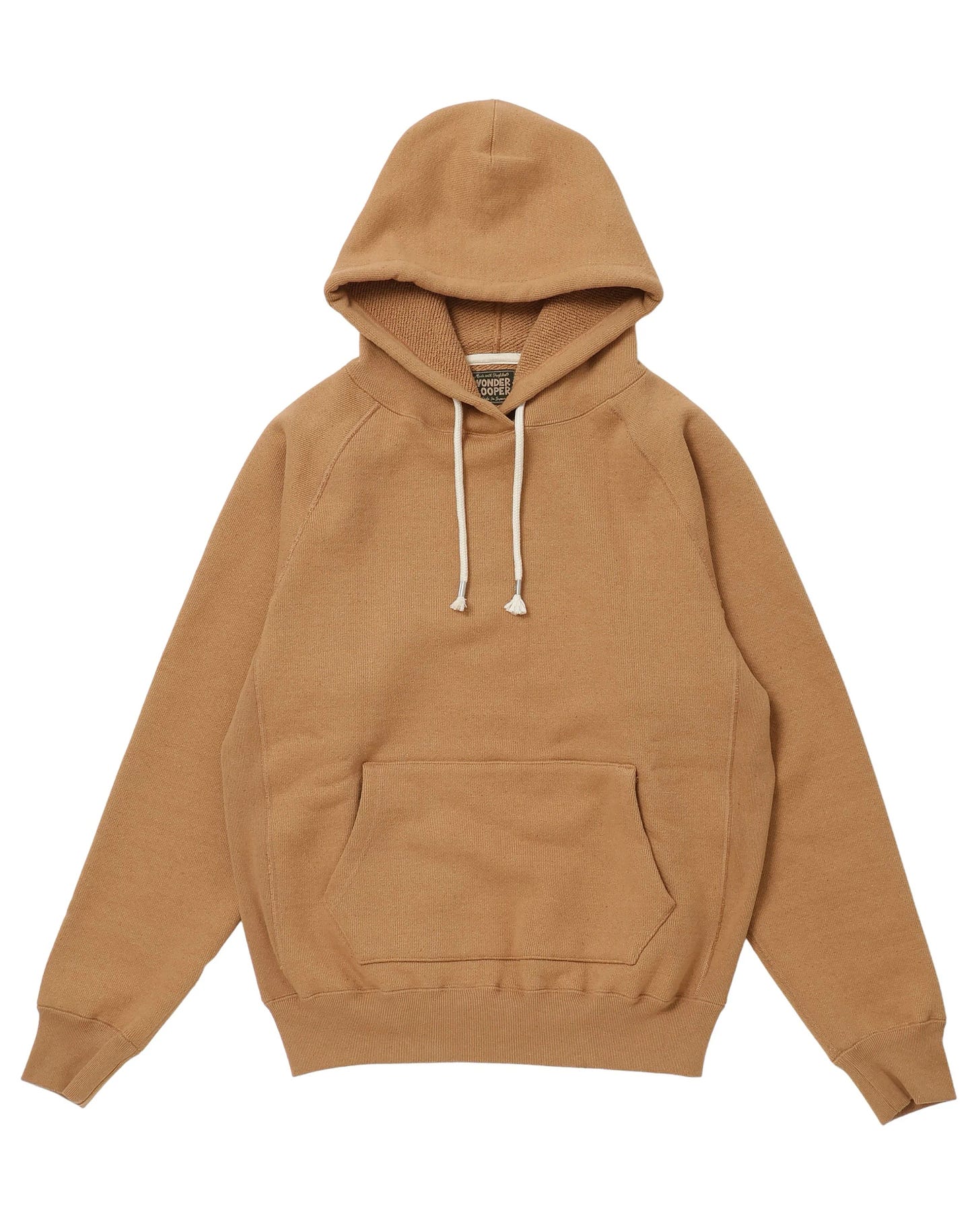 Tan Wonder Looper sweatshirt in undyed Foxfibre cotton.